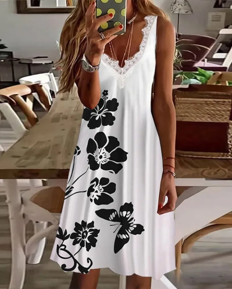 Womens New Casual Boho Floral Scollo a V Midi Slip Dress Tropical Loose Sleeveless Summer Beach Sundress Backless Vestidos